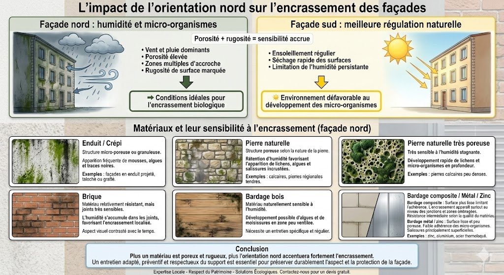 Infographie expliquant pourquoi une façade orientée nord s’encrasse plus vite qu’une façade sud : impact de l’humidité, du manque de soleil, de la porosité et des matériaux (enduit, pierre, brique, bardage).