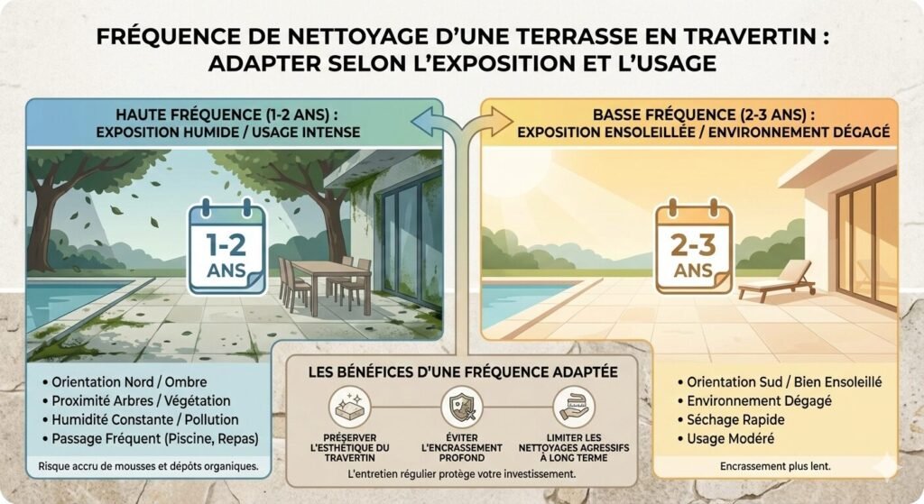 Fréquence idéale de nettoyage d’une terrasse en travertin