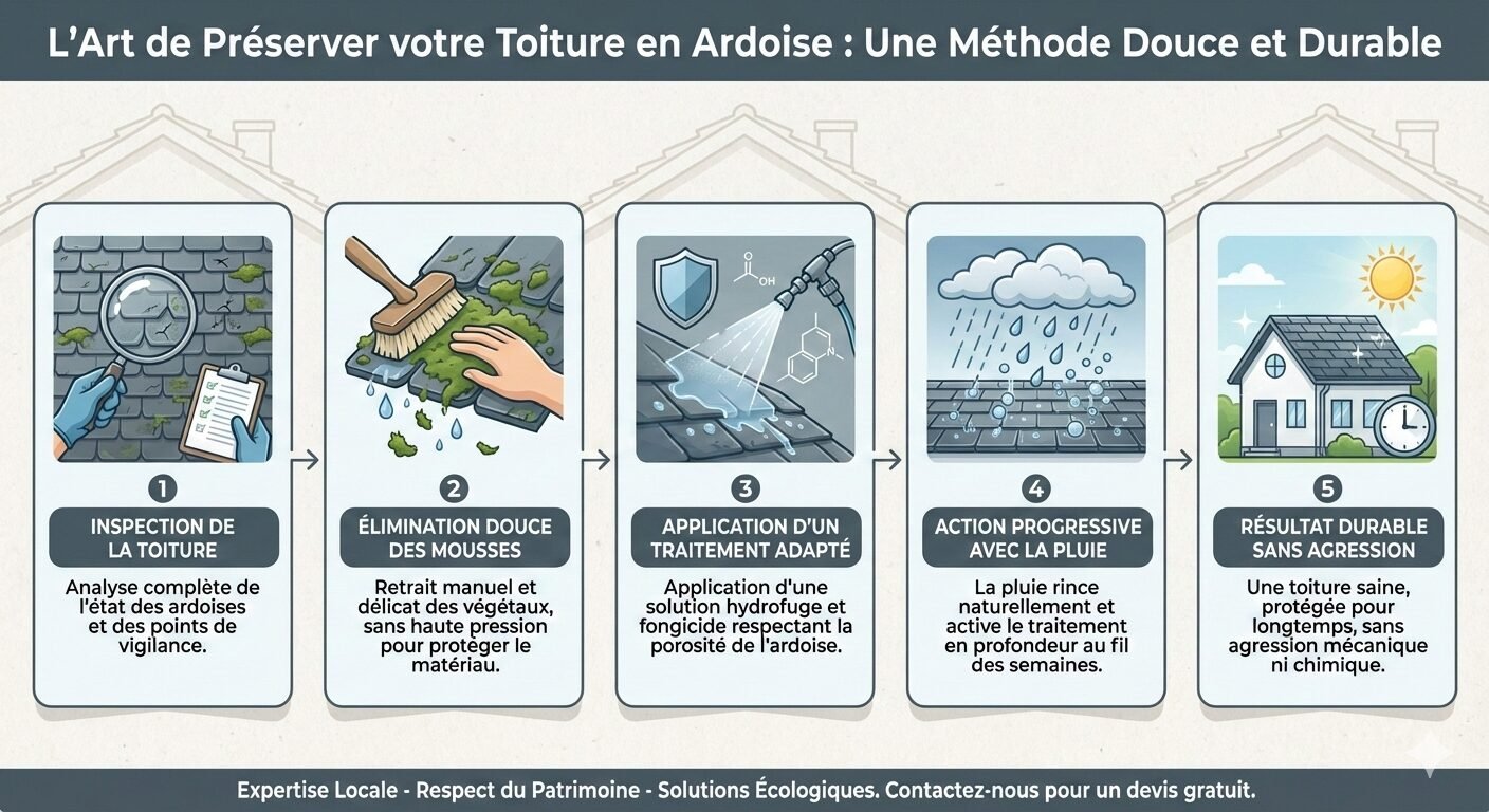 Infographie explicative des étapes du nettoyage de toiture en ardoise avec méthode douce et traitement adapté.