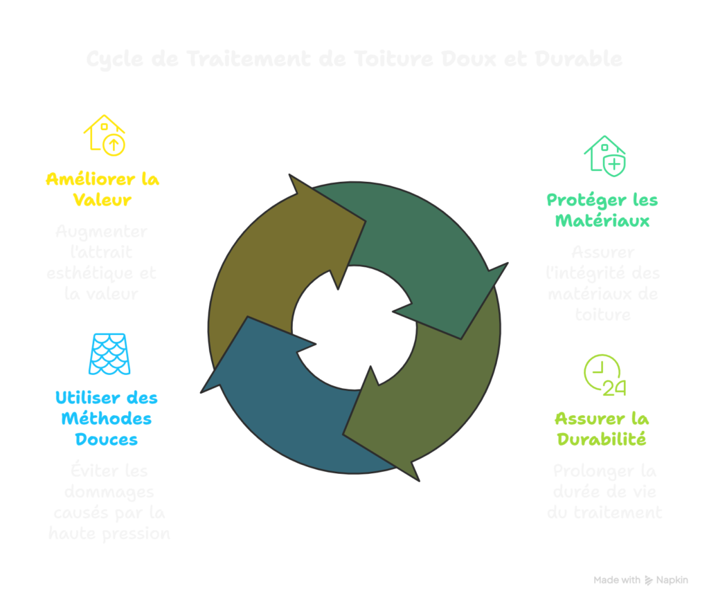 Infographie expliquant les étapes du traitement de toiture doux et durable par Sain & Toit près du Mans : protection du chantier, action biocide, méthode douce et valorisation du bien.