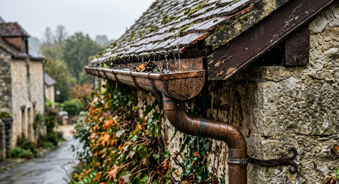Gouttière sous la pluie – Sain & Toit Gouttière sous la pluie collectant les eaux de toiture