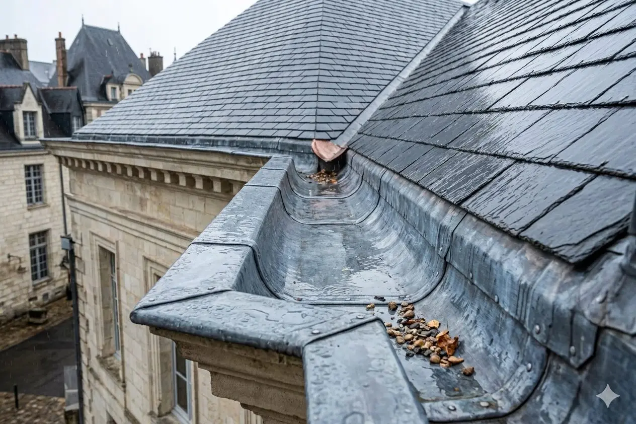 Chéneau intégré à la toiture – Sain & Toit Chéneau encastré entre la toiture et la maçonnerie d'un bâtiment