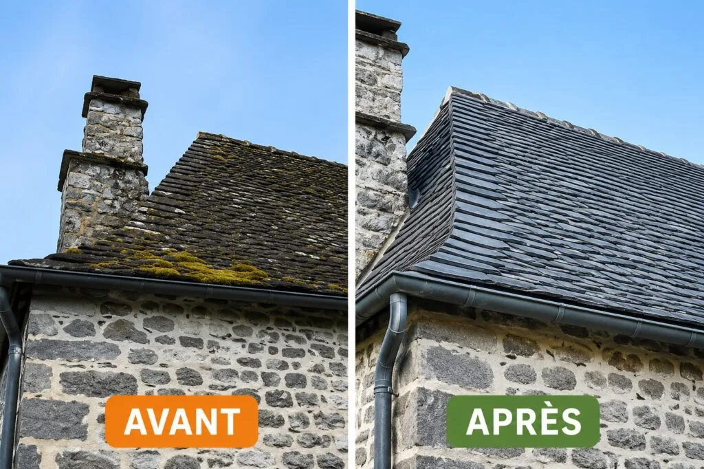 avant-apres-nettoyage-toit-en-Lauze-Sain-et-Toit